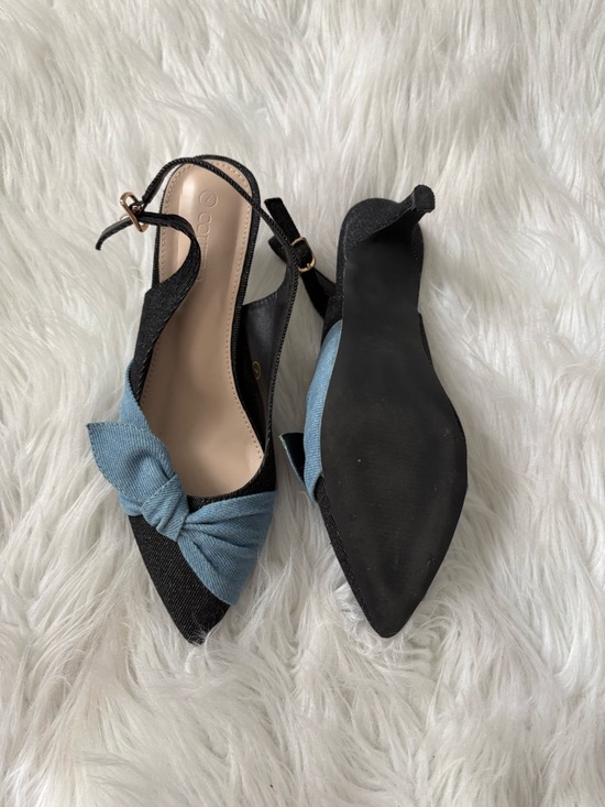Coutgo Denim Low Kitten Heels Pointed Toe Side Bow Flirt Feminine Slingbacks